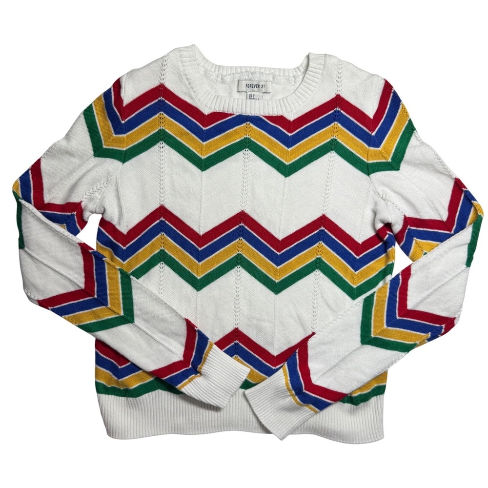 Forever‎ 21 Womens Sweater Small White Multi Chevron Knit Retro Crew Neck